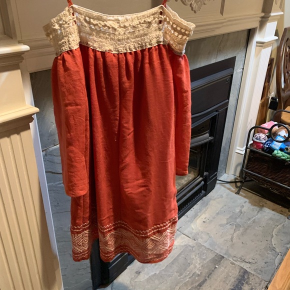 Coral off the shoulder linen dress - Picture 1 of 8